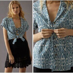 Anthropologie Pilcro XL Printed Voile Surf Button Shirt Blue Ikat Boho Beachy